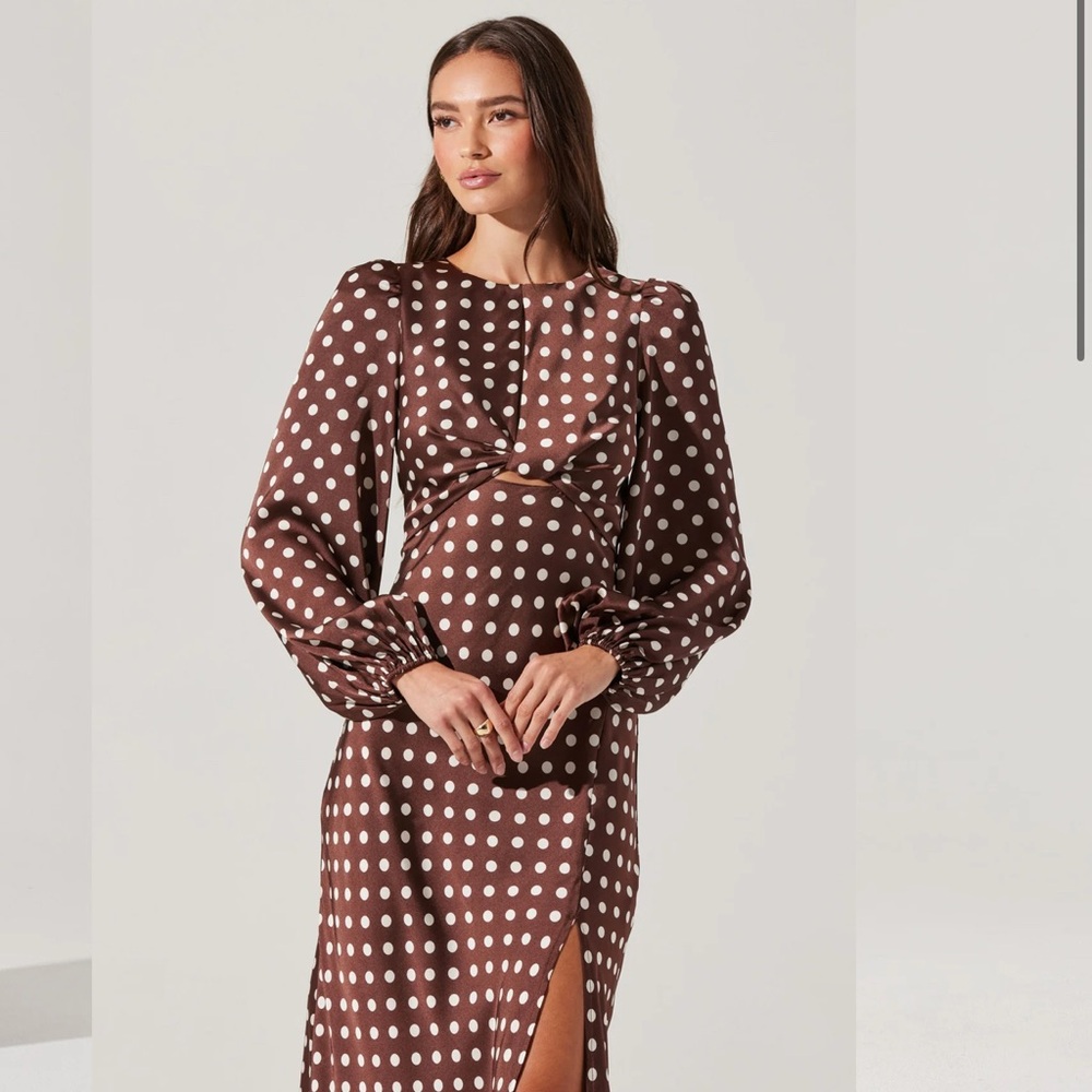Polka Dot Twist-Front Long Sleeve Midi Dress in Brown